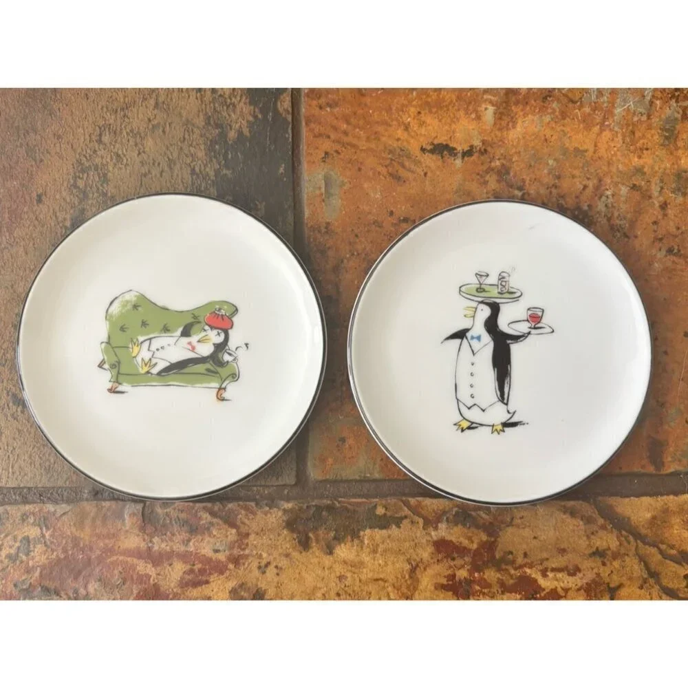 Set of 8 Pottery Barn Festive Penguins Martinis Coasters Small Plates 4
